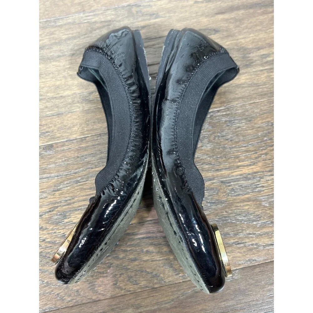 TORY BURCH Caroline Patent Leather Ballet Flats Black Gold/Black Medallion 7.5